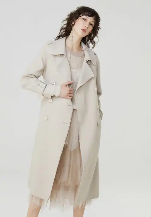 红袖毛呢大衣冬装新款纯色毛边系带翻领绵羊毛长款双面呢外套 豆沙米