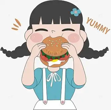 淡黄卡通形象吃汉堡的女孩矢量图