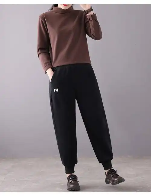 jiangyi秋冬加绒卫裤女宽松运动裤子女黑色显瘦加厚萝卜裤刺绣百搭