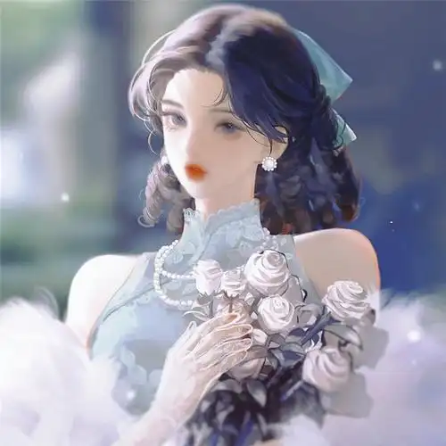 手绘旗袍女生抱花头像图片