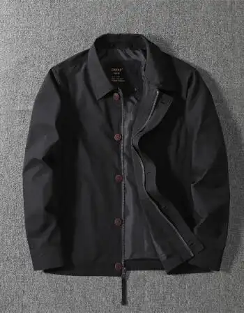 男装商务休闲翻领纽扣夹克衫春季男纯色修身水洗工装防风外套潮黑色s