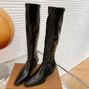 皱褶黑色软皮长靴女不过膝漆皮靴子女粗跟高跟鞋子女后拉链瘦瘦靴