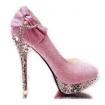 秋冬婚鞋高跟鞋新娘2018水钻细跟圆头浅口中跟水晶成年礼单鞋女 粉色