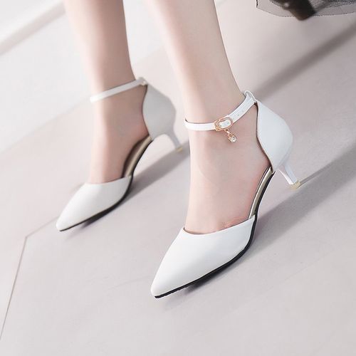 中跟5-8cm一字扣中空白色高跟鞋女礼服尖头单鞋气质皮鞋浅口细跟