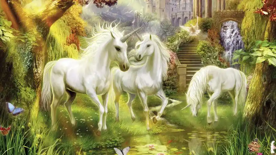 独角兽,城堡,树,小溪,鱼,蝴蝶,托马斯金凯德风景绘画电脑壁纸