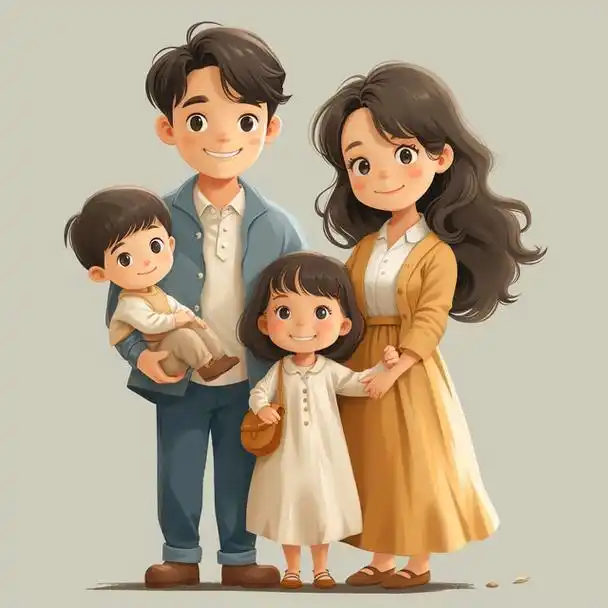 亲子头像|2024一家四口姐弟|亲子照卡通插画