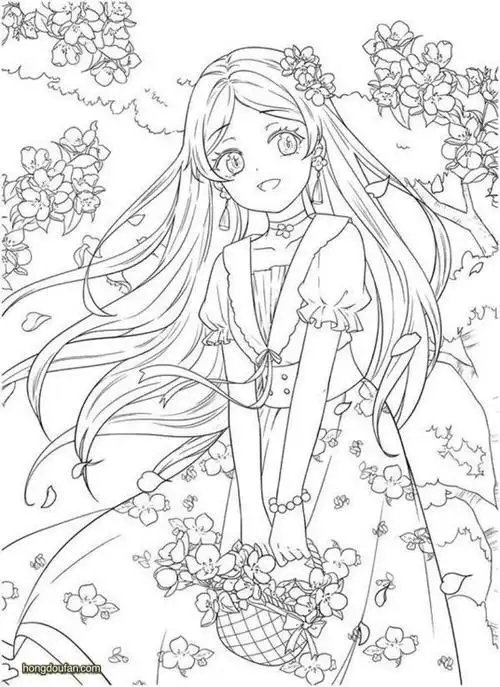 穿着樱花和服的漫画女生涂色填色图片大全 | 红豆饭小学生简笔画大全