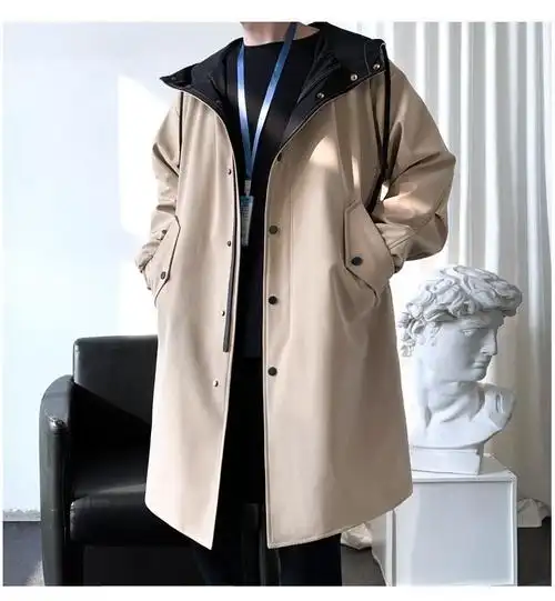 风衣男士中长款春秋休闲宽松外套男韩版潮流港风连帽帅气大衣男