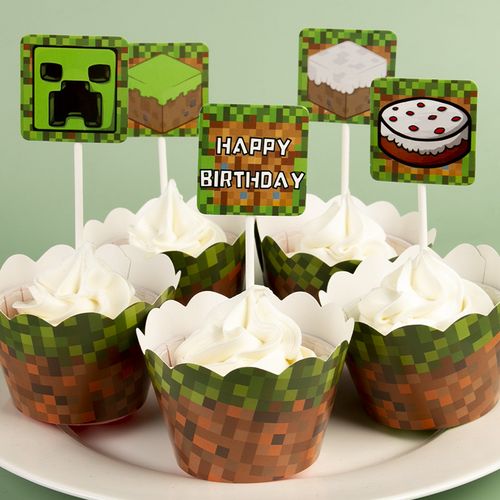 儿童蛋糕装饰我的世界主题甜品台积木方块形插牌tnt纸杯蛋糕插件