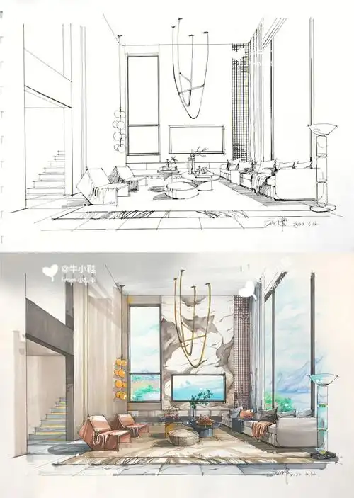 风格:现代简约纸张:a3#考研马克笔手绘  #客厅马克笔上色  #一点透视