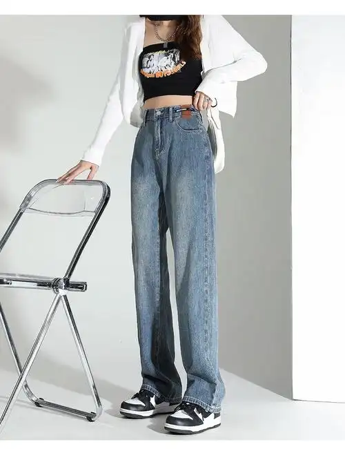 复古阔腿牛仔裤女2024春秋新款高腰垂感宽松显瘦百搭直筒拖地长裤