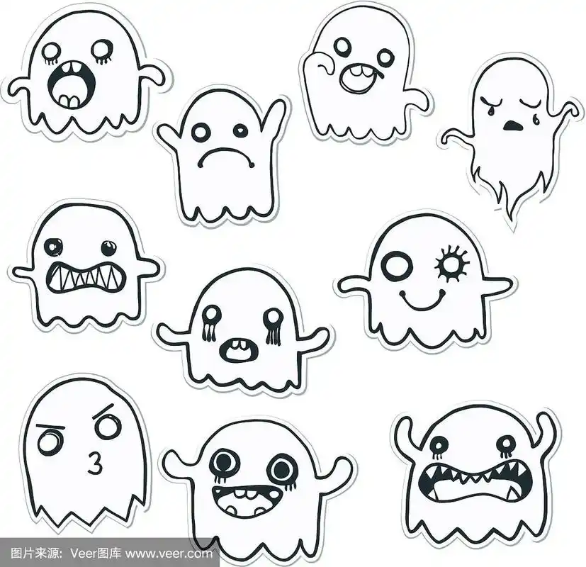 一套10个可爱的幽灵贴纸.矢量图