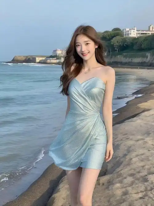 美女,优雅女神降临!清新蓝裙配白纱,甜美笑容彰显高贵气质