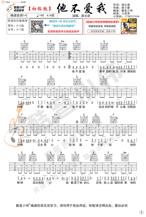 他不爱我吉他谱莫文蔚c调简单版六线谱吉他弹唱谱