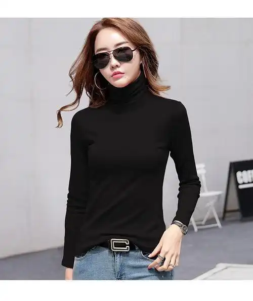 加绒加厚高领长袖t恤女纯色打底衫秋冬内搭上衣女洋气黑色s