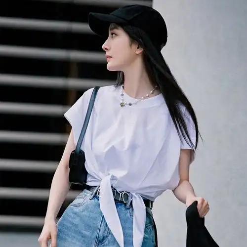 杨幂同款衣服蝙蝠袖衬衣显瘦百搭系带短款白色圆领短袖t恤衬衫女