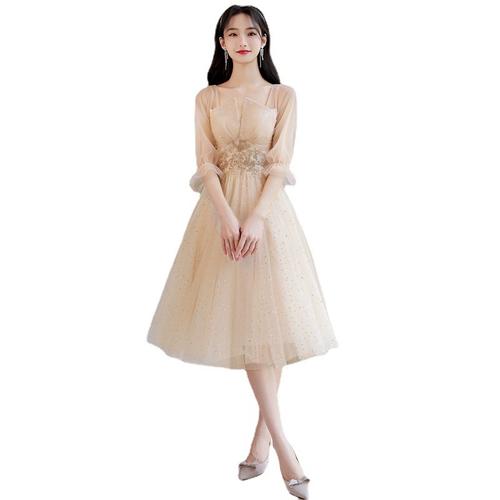 伴娘服冬季级小众香槟色拍照衣服裙子平时可穿仙气飘逸婚礼姐妹