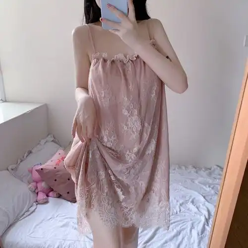 【2021焕新季】宫廷风蕾丝吊带睡裙女甜美可外穿性感睡衣家居服 黑色