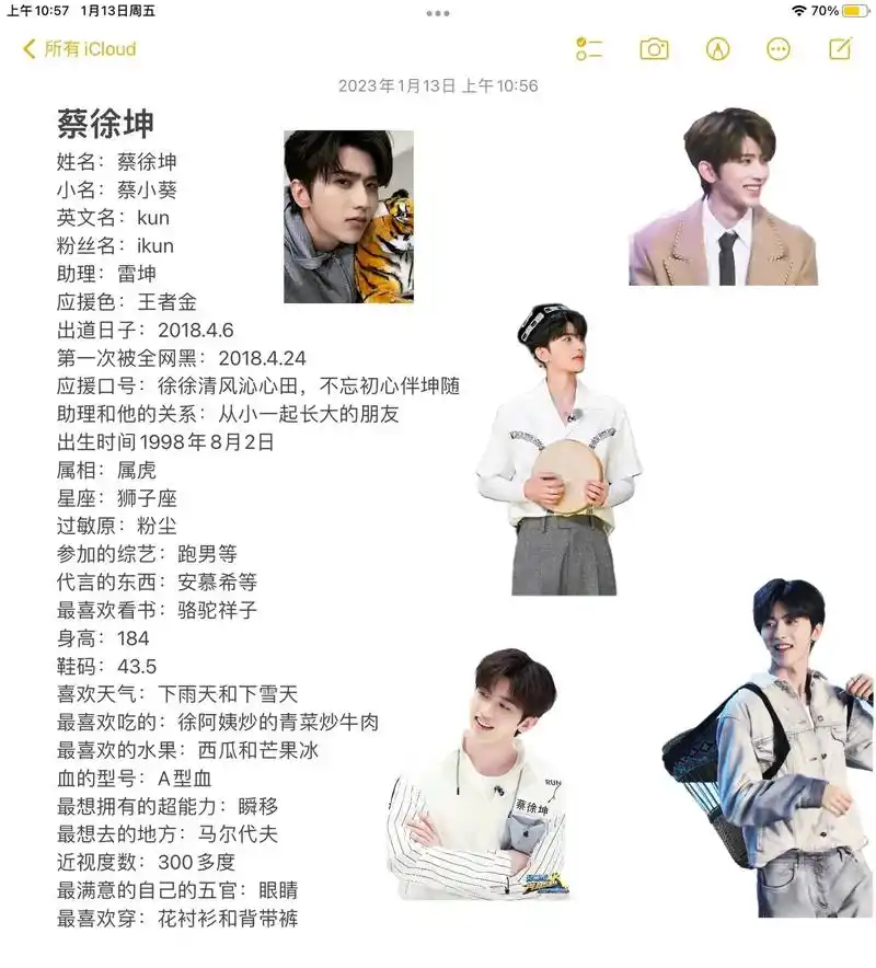 姓名:蔡徐坤 小名:蔡小葵 英文名:kun 粉丝名:ikun 助理:雷坤 应援色