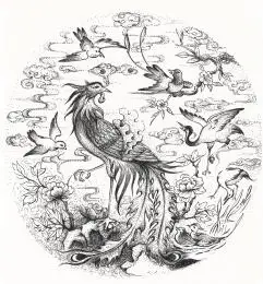 手绘黑白百鸟朝凤图