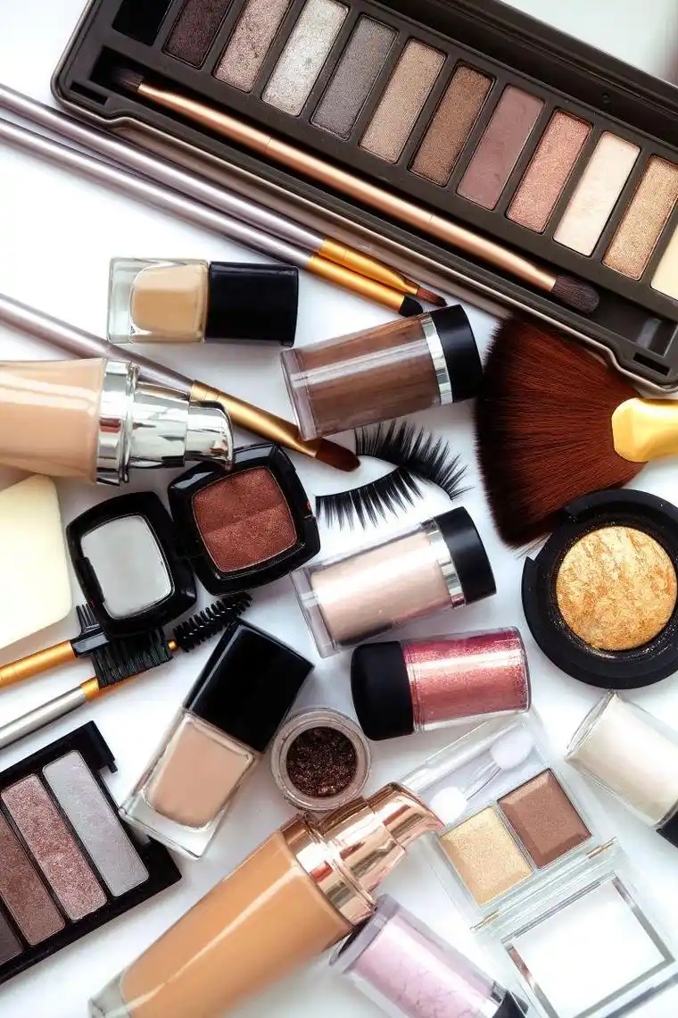 桌子上凌乱的摆放着各种女性化妆品