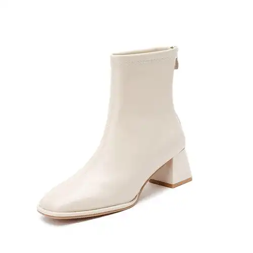 捡漏价118真皮白色短靴女粗跟2023秋冬中跟高跟切尔西瘦瘦靴