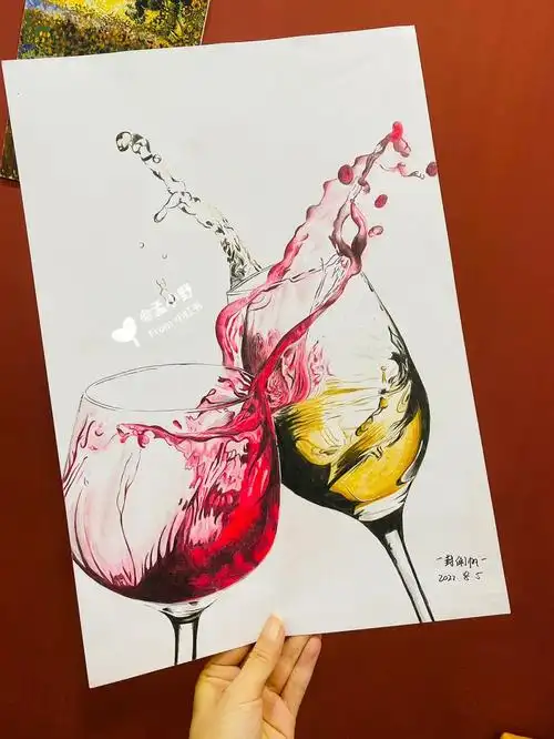 红酒杯写实彩铅画