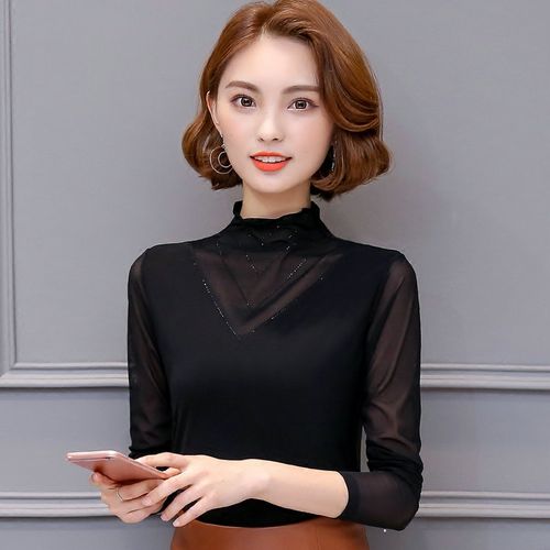 秋装新款网纱打底衫女长袖修身t恤内搭上衣黑色高领外穿秋衣小衫
