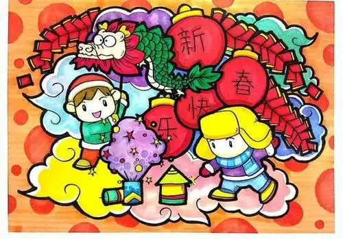 儿童画过年庆元旦迎新年的儿童画获奖的小学生春节过年儿童画作品一