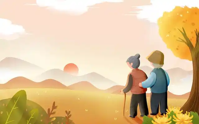 重阳节黄昏老人登高望远背影原创插画海报背景