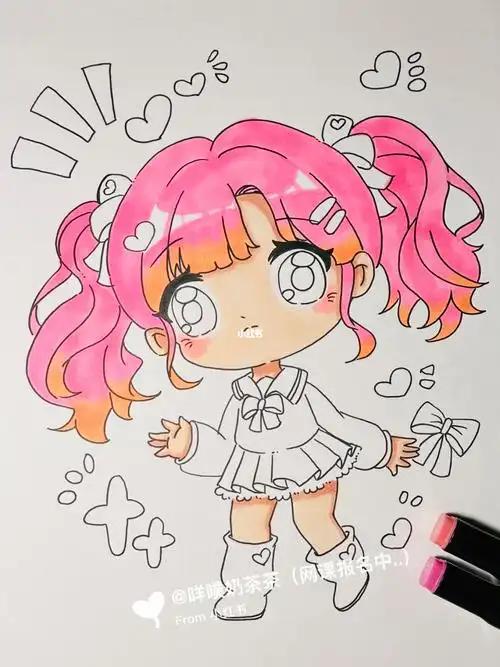 q版动漫马克笔绘画可爱双马尾女孩