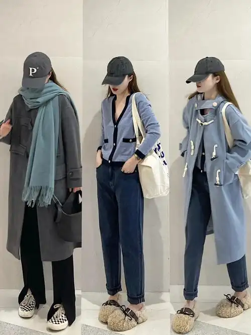 韩系休闲简约大衣穿搭74高级感灰蓝色系