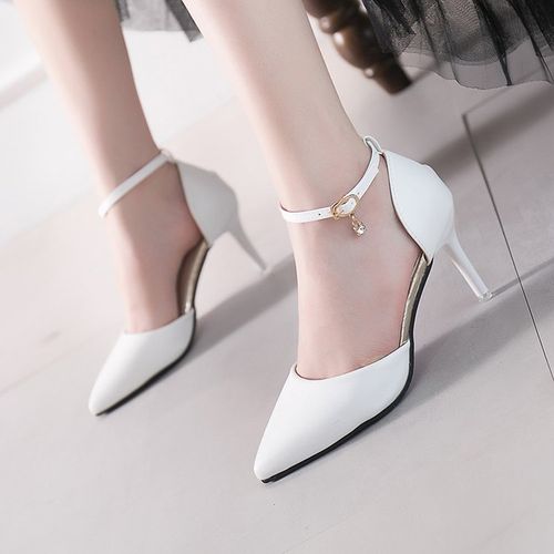夏季小高跟鞋女低跟3cm百搭法式少女一字带白色礼服宴会工作单皮