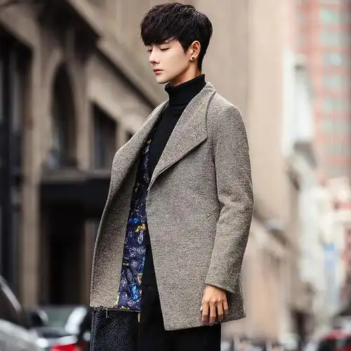yuansu呢子风衣男短款韩版潮流帅气新款大翻领毛呢大衣男士妮子外套