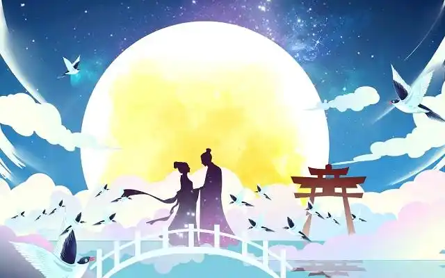 古风蓝紫情侣七夕佳节原创插画海报素材背景