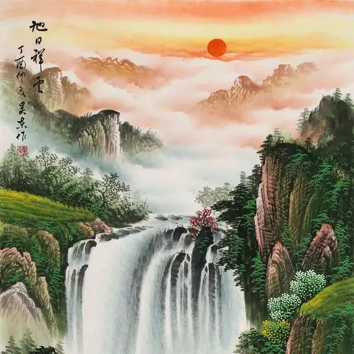 吴东 四尺吉祥风水画《旭日祥云》 - 聚宝盆山水画 - 99字画网