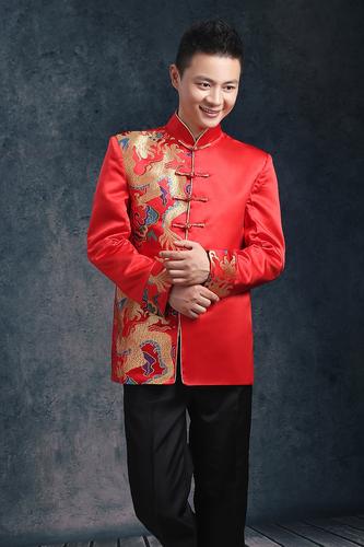 新款秀禾服男装结婚礼服新郎龙凤褂敬酒服修身中式中山装红色唐装