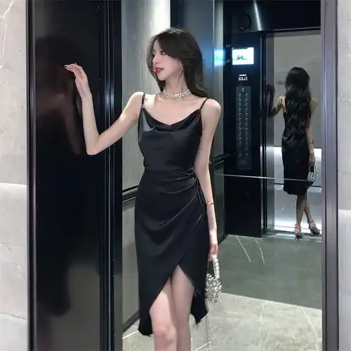 2023新款气质名媛吊带礼服裙高级缎面荡领吊带开叉包臀连衣裙