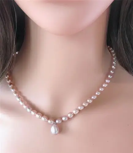 老鳯祥云同款琅麦珍珠项链吊坠淡水颈链粉色紫粉色彩色小珍珠锁骨链送