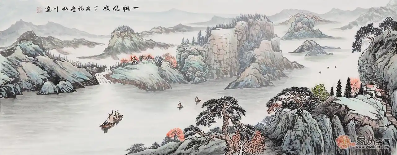 山川六尺横幅写意国画山水画《一帆风顺》 作品来源:易从网