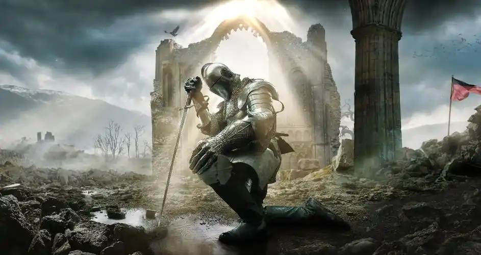 是一款精美的西方骑士动态壁纸,画面是单膝跪地身穿铠甲的骑士在神殿