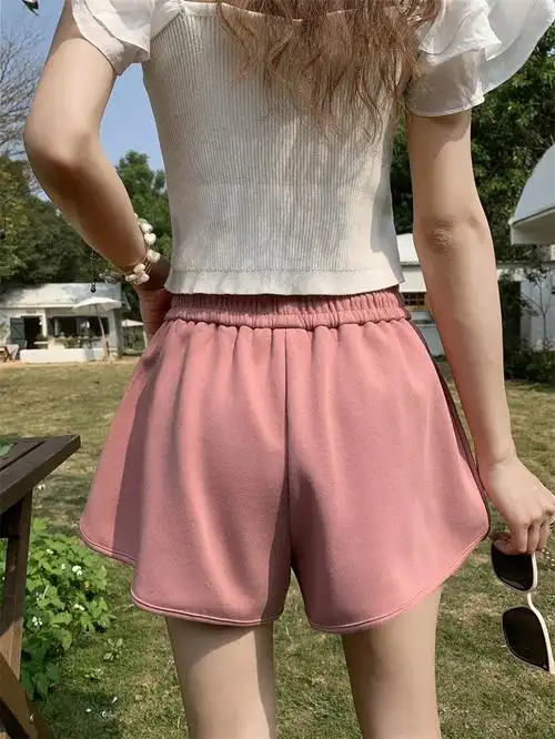 粉色运动短裤女夏季松紧高腰休闲阔腿热裤小众设计感抽绳直筒卫裤