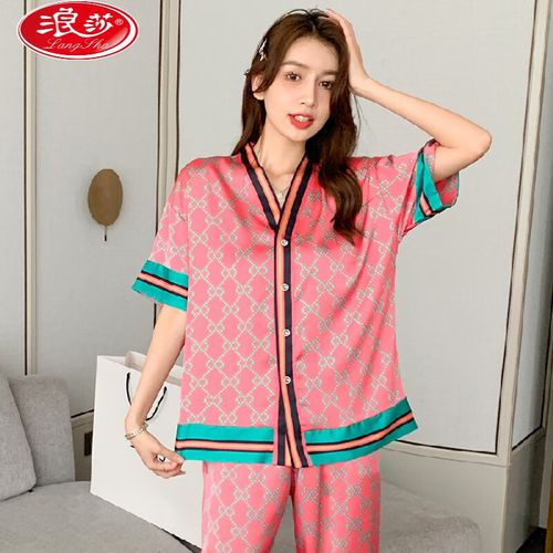 浪莎(langsha)真丝性感睡衣套装夏装女开衫薄款裤子夏天风居家服可