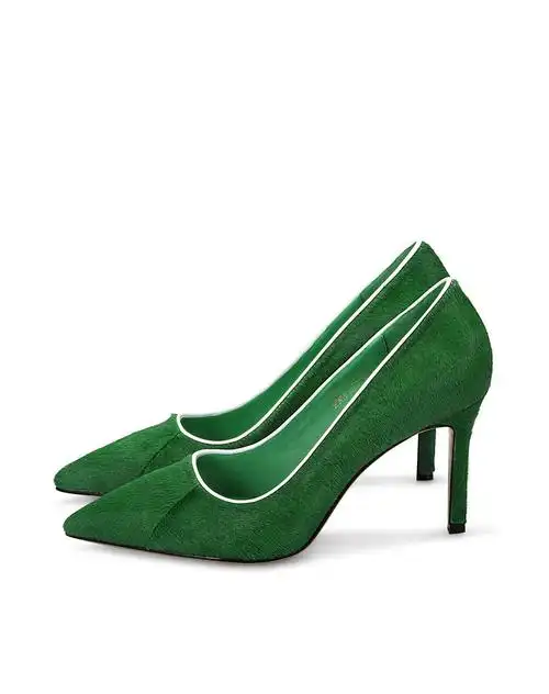 2017春款 胎牛毛时尚尖头细高跟单鞋草绿色