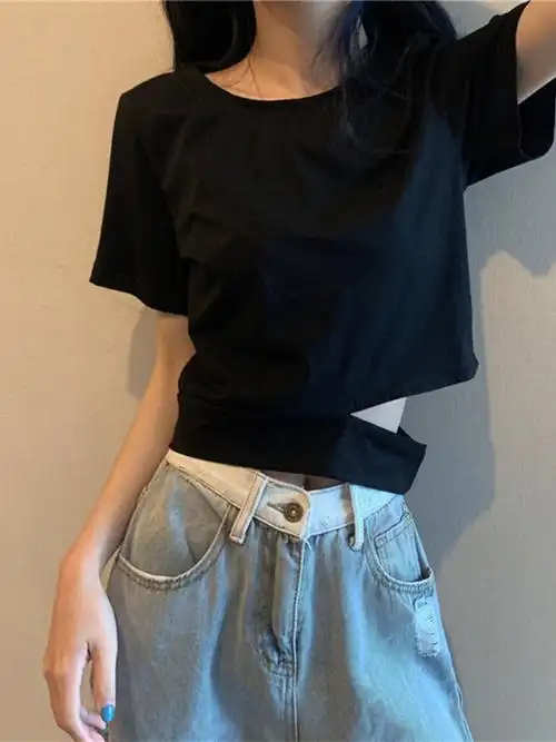 黑色短袖t恤女夏设计感小众短款开叉上衣配高腰裤显瘦半袖ins潮