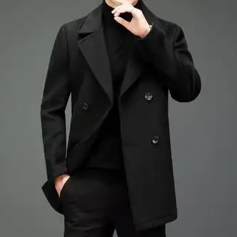 leedprre奢毛呢大衣男中长款双面呢秋季风衣西装领潮男士双排扣羊毛