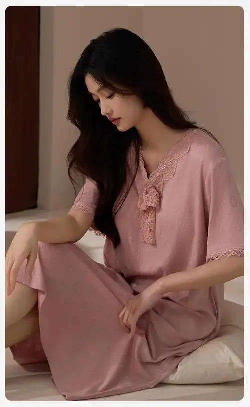 莫代尔带胸垫睡裙夏季新款睡衣女中长款女士纯色时尚可外穿家居服