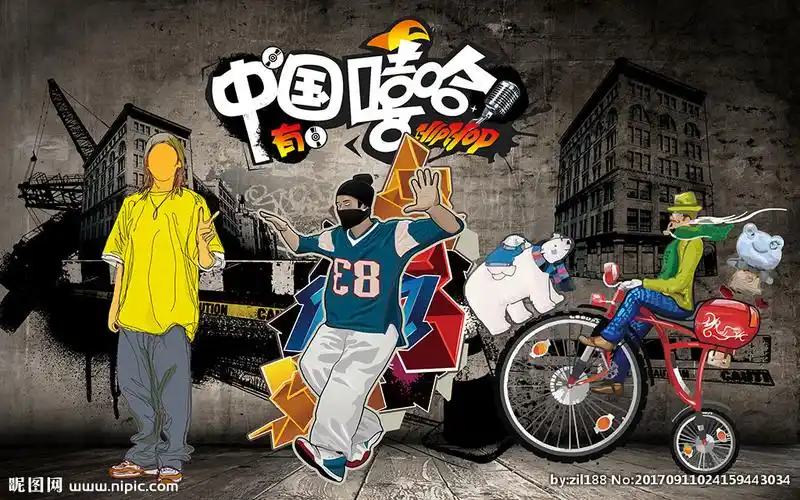 手绘复古街头嘻哈涂鸦3d背景墙纸个性潮流抽象舞蹈教室街舞壁纸画