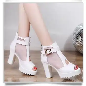 鱼嘴凉鞋女高跟后拉链透气夏季网纱鞋性感夜店鞋粗跟潮流白色36