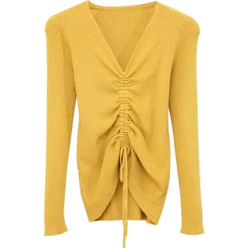 春秋抽绳上衣女v领针织打底衫百搭毛衣内搭紧身修身薄款低领春季